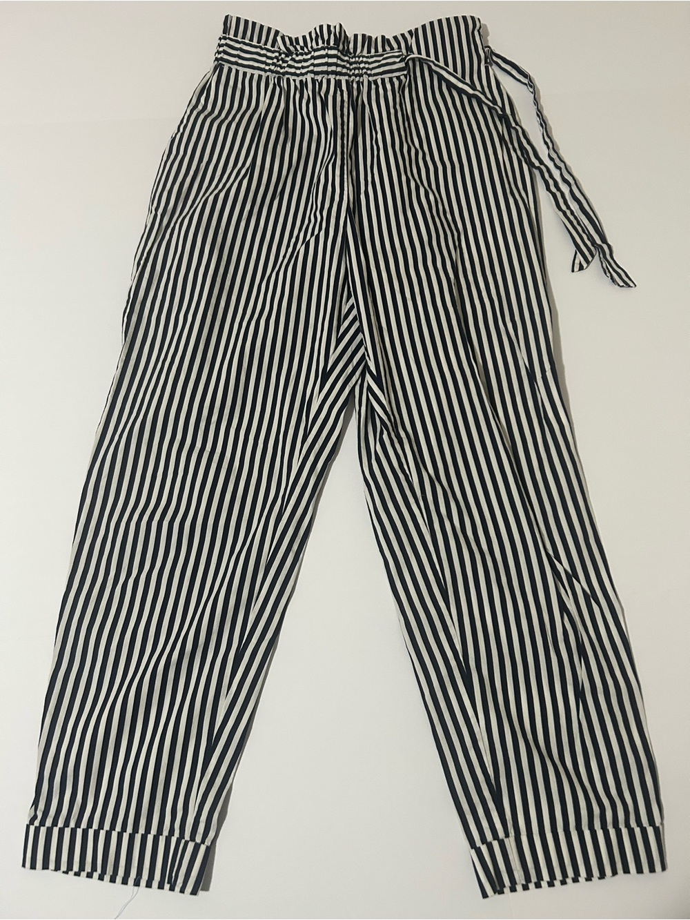 Zara Basic Women's Size S Black White Striped Paperbag Waist Tie Pants